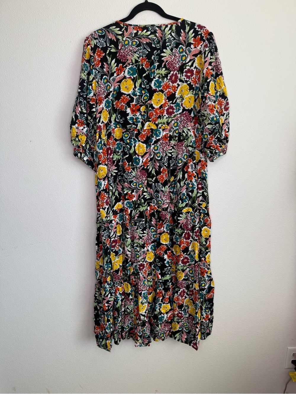 Natural Life Dress Sage V Neck Maxi Tiered Black floral Red Multi Yellow Accents - Picture 6 of 8
